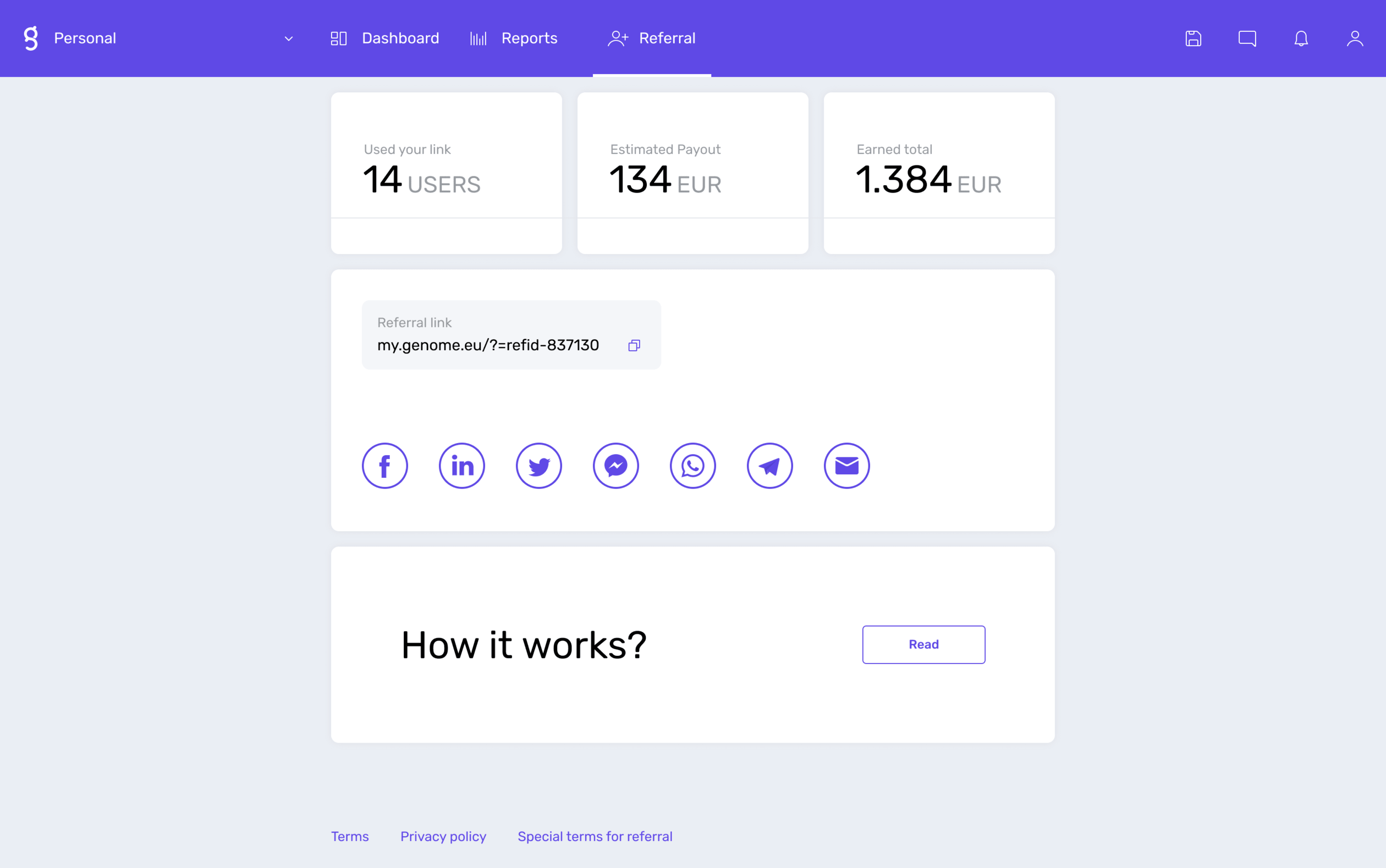 Get a link for Genome's personal referral program from the dashboard