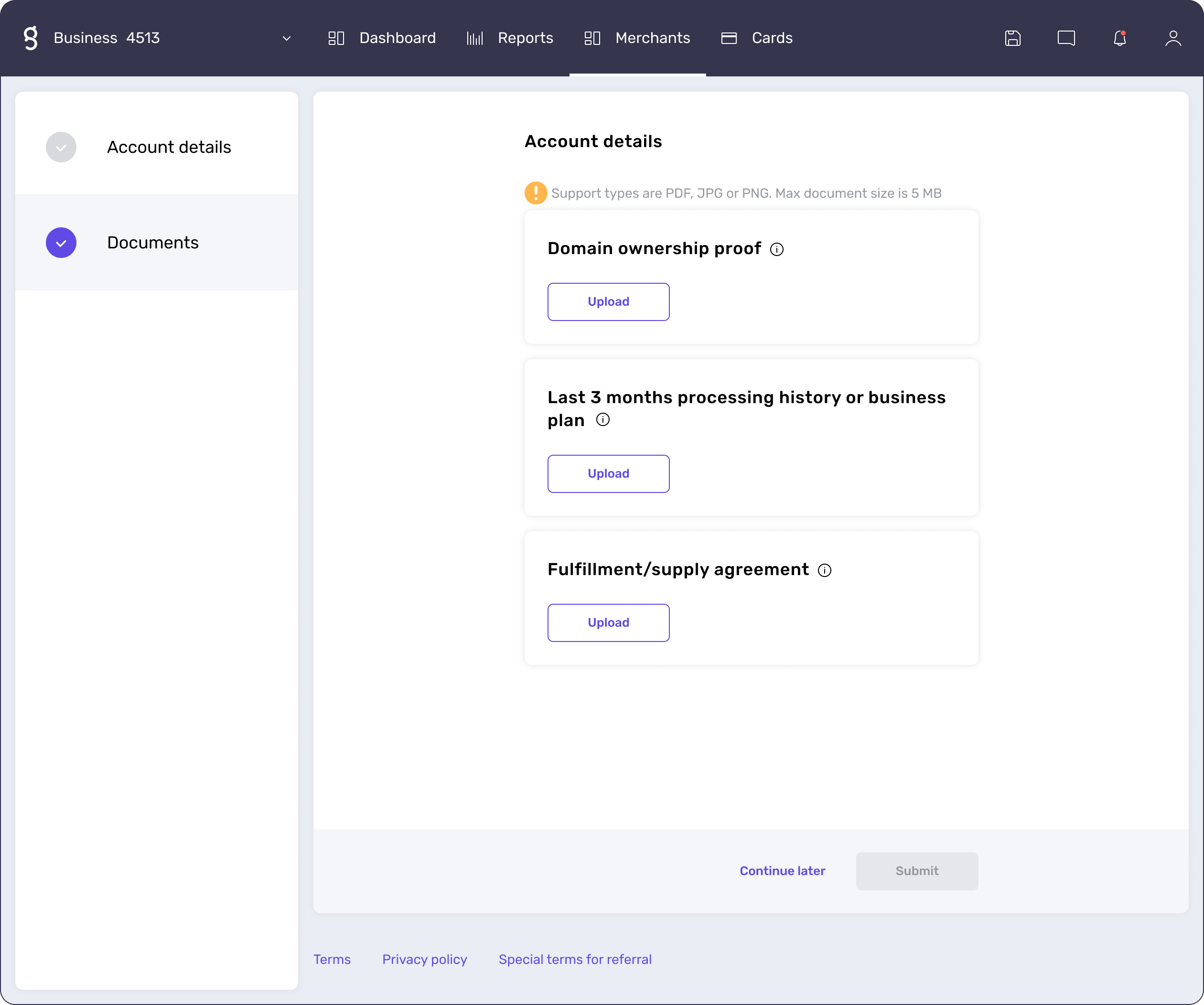 Upload the required documents to apply for Genome's merchant account