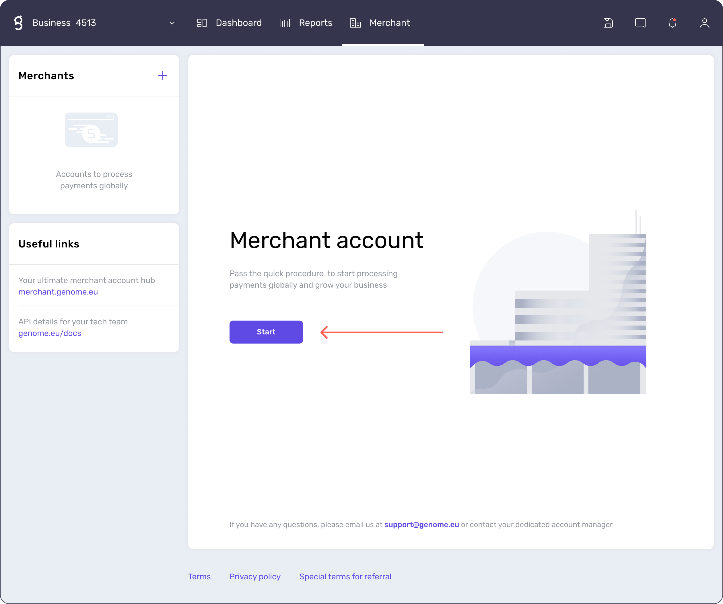 How to open a merchant account from Genome's dashboard