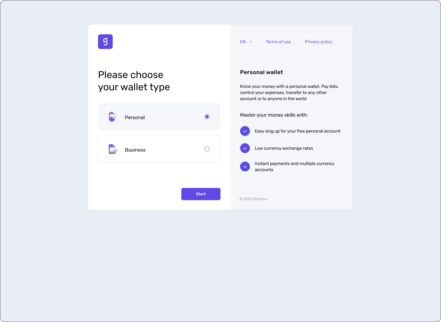 Choose a personal wallet to start an account at Genome