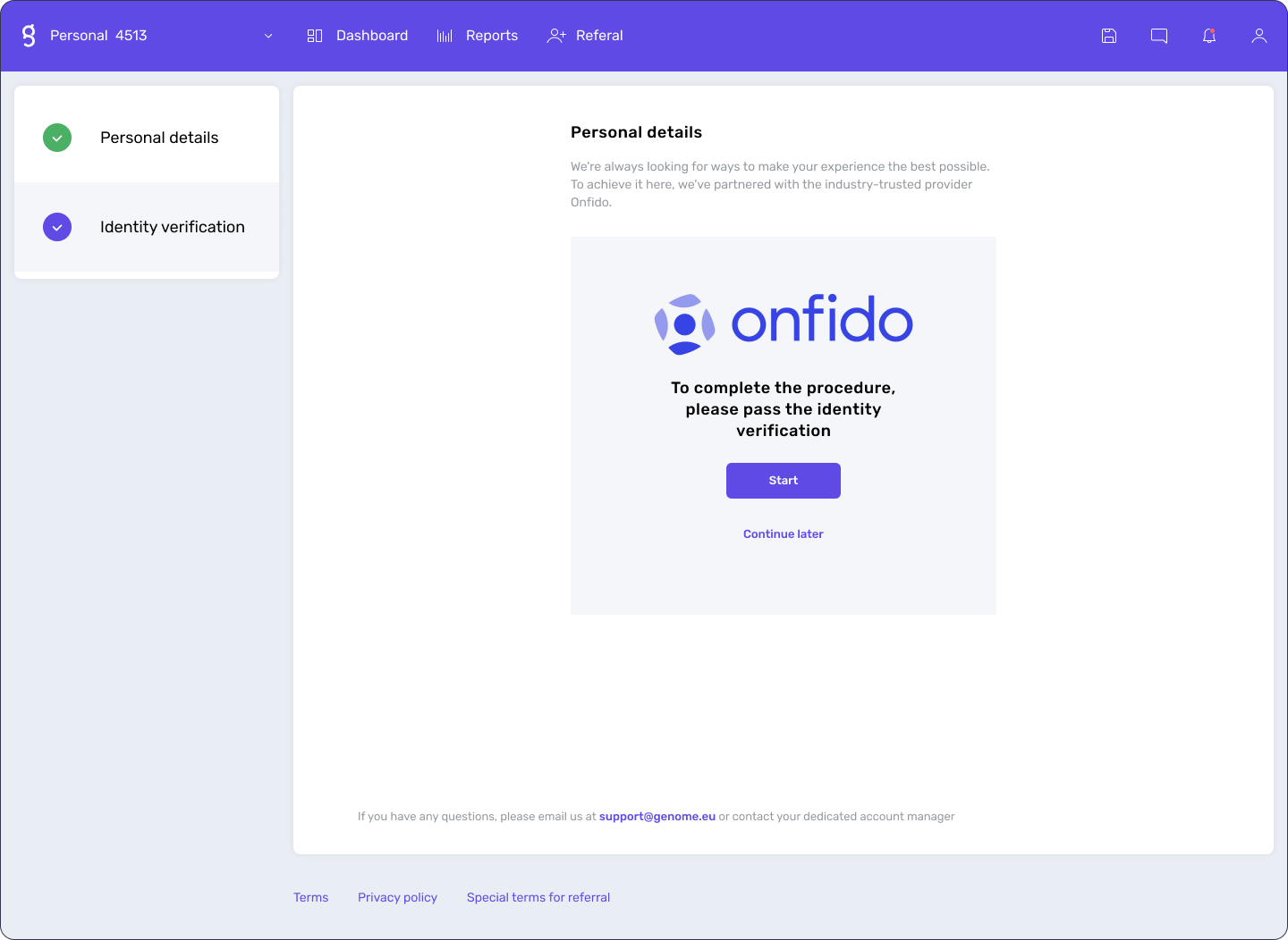 Pass the Onfido verification process to open a personal wallet within Genome