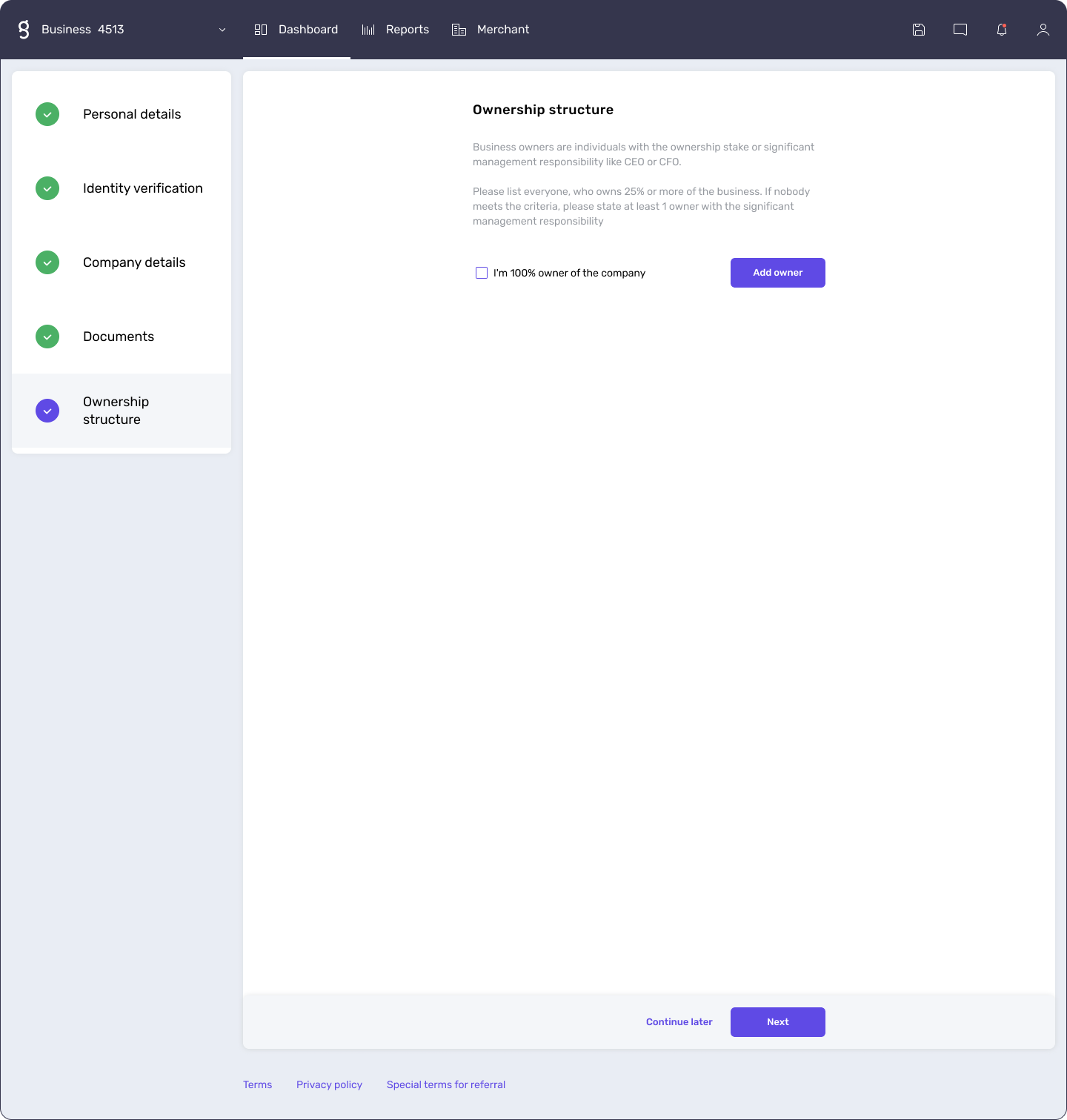 Fill in the ownership structure to start a business wallet at Genome