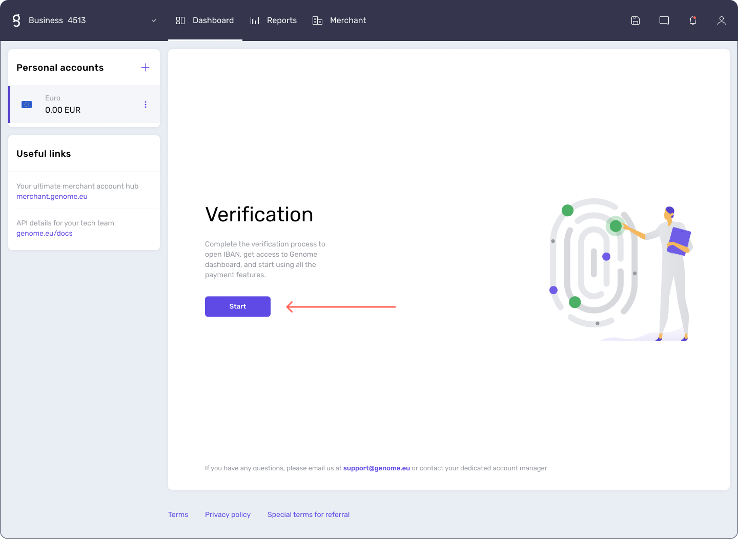 Start a verification process to open a business wallet at genome