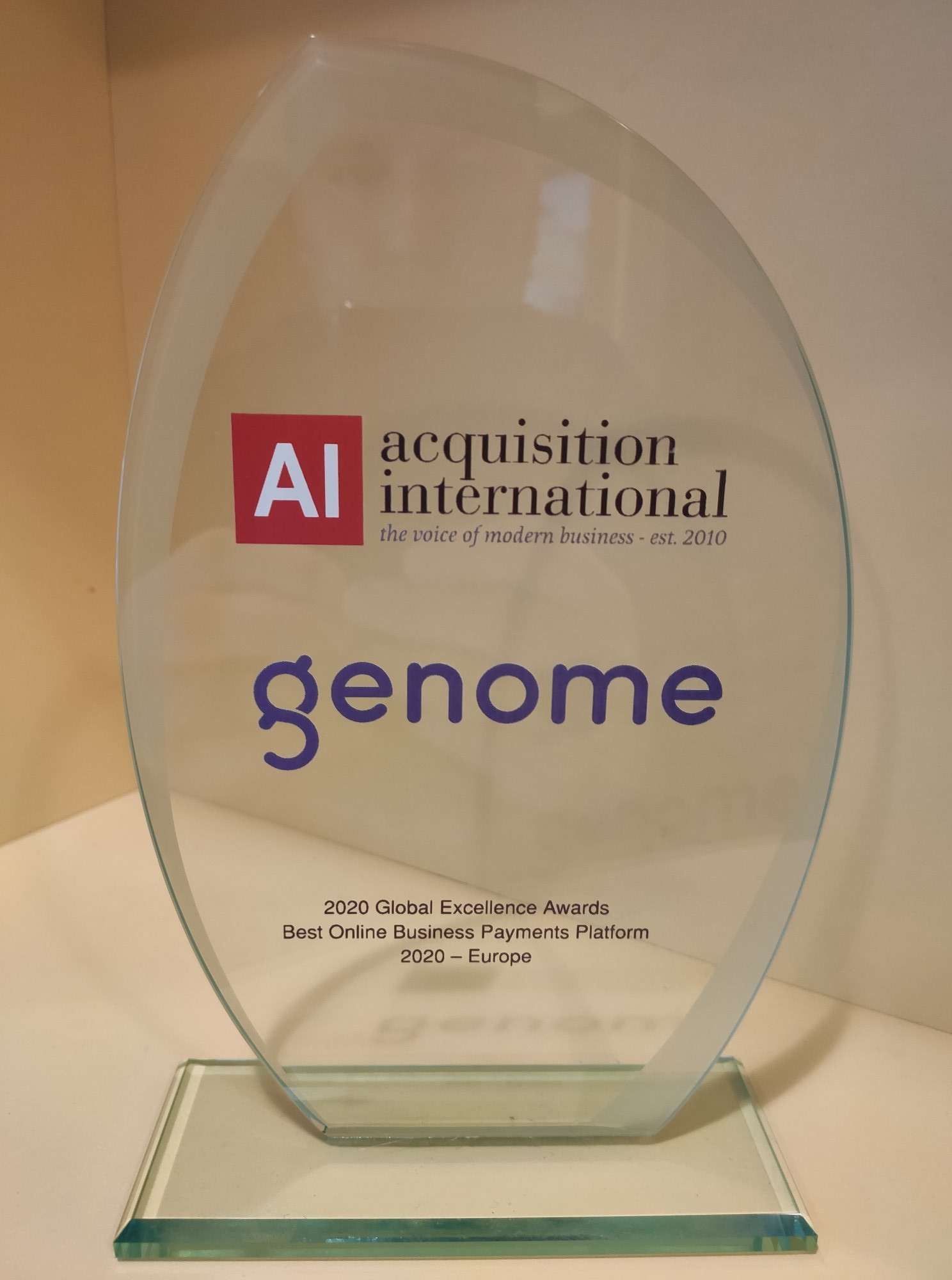 Genome's "Best Online Business Payments Platform 2020" award from Acquisition International magazine