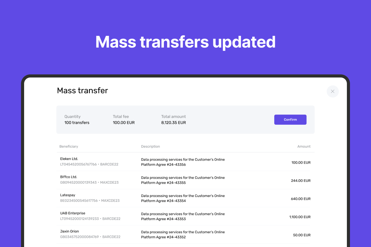 Genome improved mass transfers for business wallet users